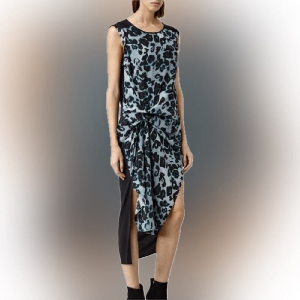 ALLSAINTS Riviera Leo Dress Animal Print Knotted Asymmetrical Sleeveless Grunge